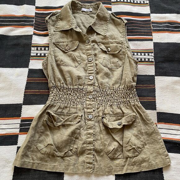 Y2K Yank 100% Linen Button Up Collared Blouse. Pockets! Sleevless. Size Medium. - Picture 15 of 16